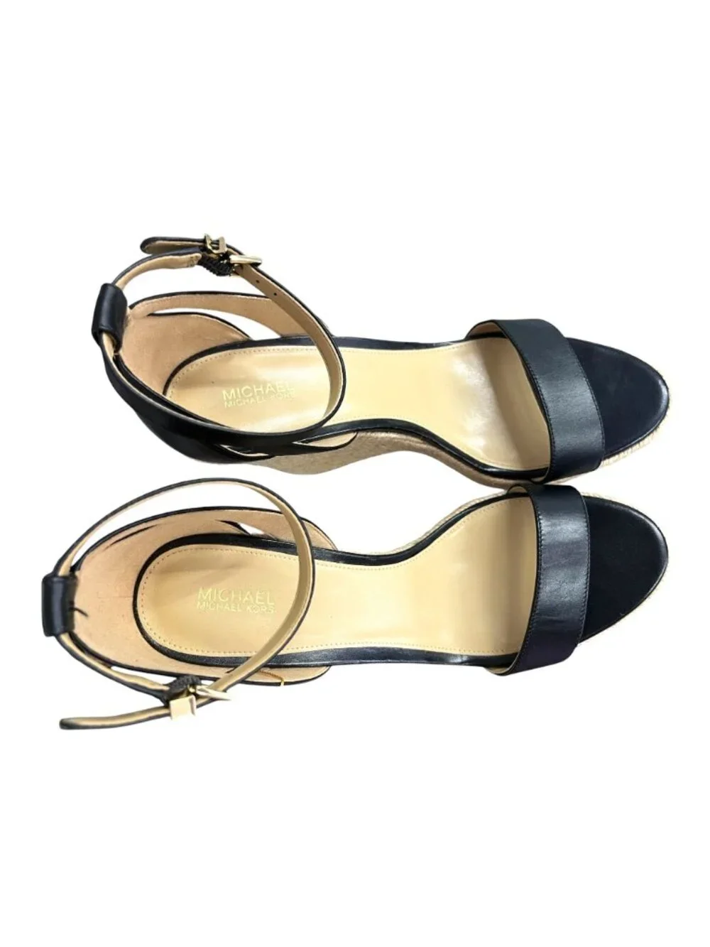Michael Kors Kimberly Black Leather Espadrille Wedge Sandals Size 10M